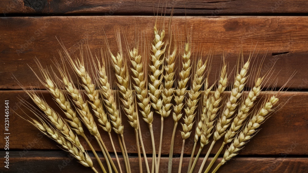 Poster golden wheat spikelets symmetrically arranged on a rustic wooden table background showcasing natural