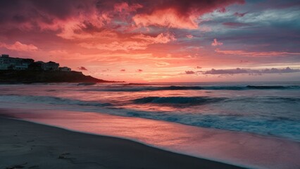 Vibrant sunset display with warm pink and orange tones reflecting on tranquil beach waves under a partly cloudy sky at dusk