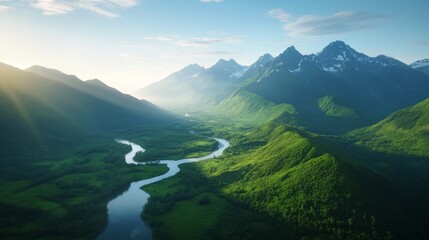 Obraz premium Majestic mountain river valley sunrise aerial view, lush green landscape, peaceful nature scene, perfect for travel or environmental brochures