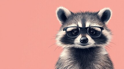 Obraz premium A stylish cartoon raccoon with glasses, sitting against a solid color background, leaving room for text