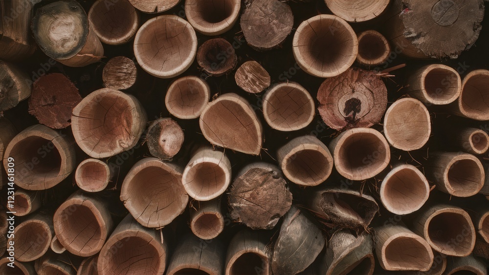 Fototapete Close-up of various wooden logs stacked together showcasing their circular cross-sections with warm brown tones and textures arranged in an abstract pattern.