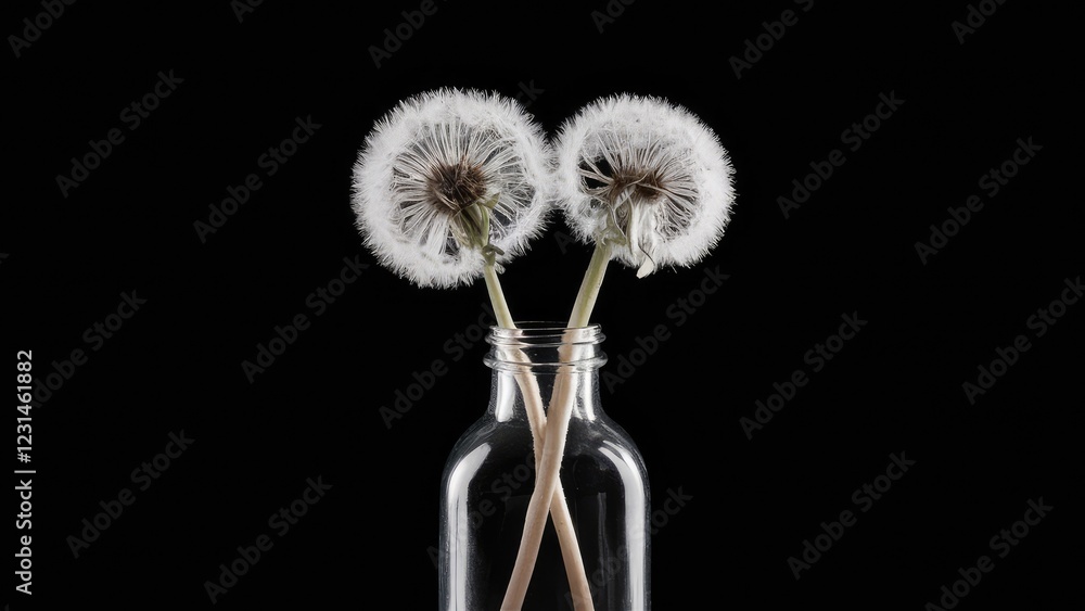 Poster dandelions in a glass bottle with a black background showcasing fluffiness and transparency, centere