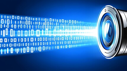 Lens casts binary data on blue background for technology use