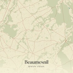 Retro map of Beaumesnil, Normandie, France. Vintage street map.