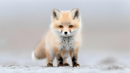 Obraz premium Cute red fox kit standing, winter field background, wildlife photography, nature card