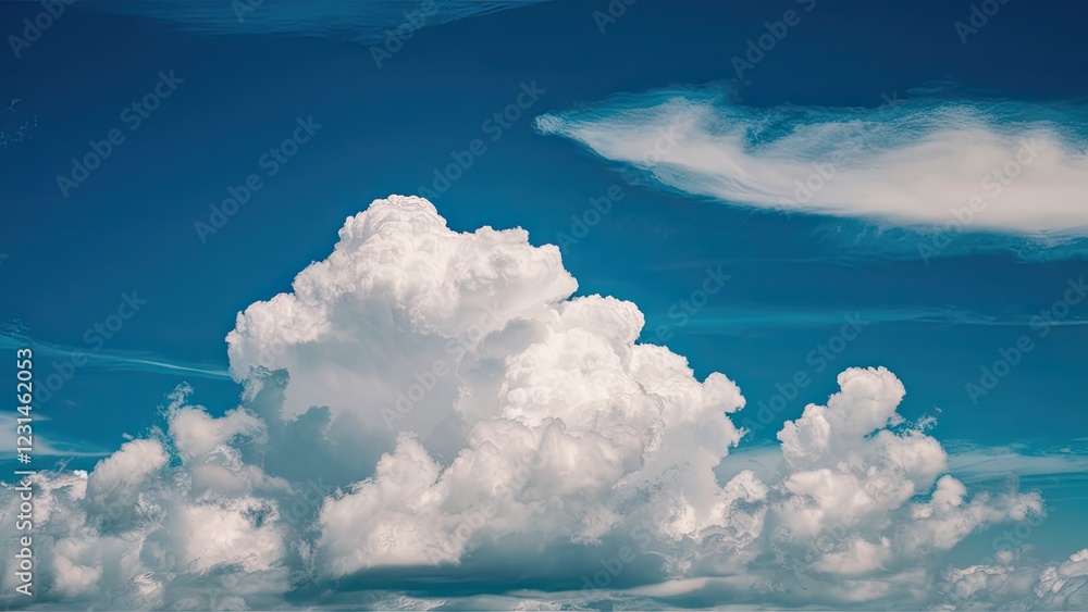 Poster vibrant azure sky with large white fluffy clouds centered against a clear backdrop showcasing summer