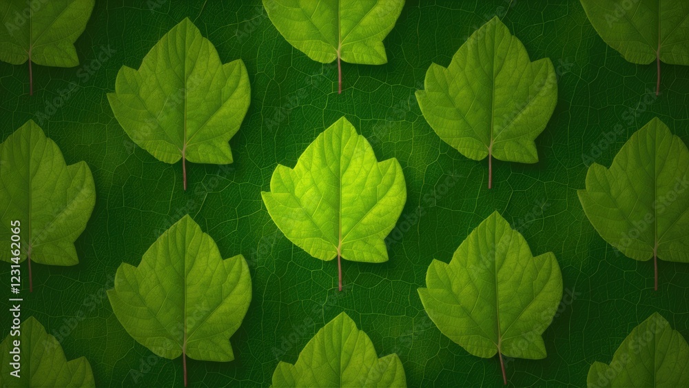 Poster seamless pattern of vibrant green leaves on a dark green textured background creating a lush, natura