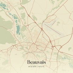 Retro map of Beauvais, Hauts-de-France, France. Vintage street map.