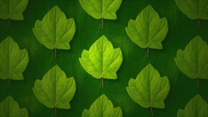 Seamless pattern of vibrant green leaves on a dark green textured background creating a lush, natural feel with symmetrical arrangement throughout.