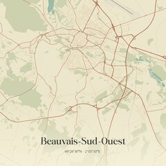 Retro map of Beauvais-Sud-Ouest, Hauts-de-France, France. Vintage street map.
