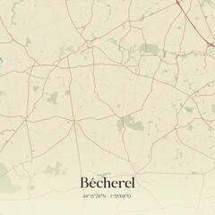 Retro map of B�cherel, Bretagne, France. Vintage street map.