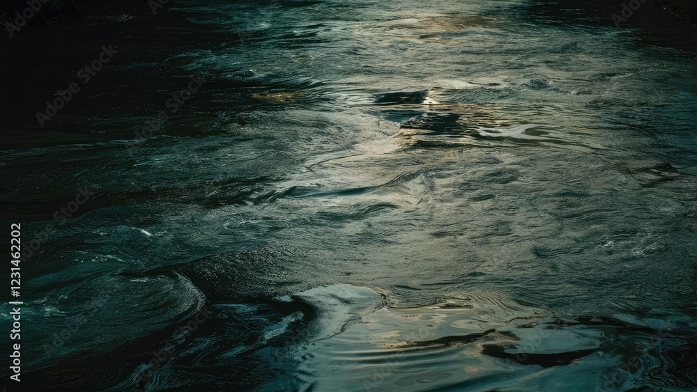 Poster rippling water surface of a dark river in shades of blue and green reflecting soft light with dynami