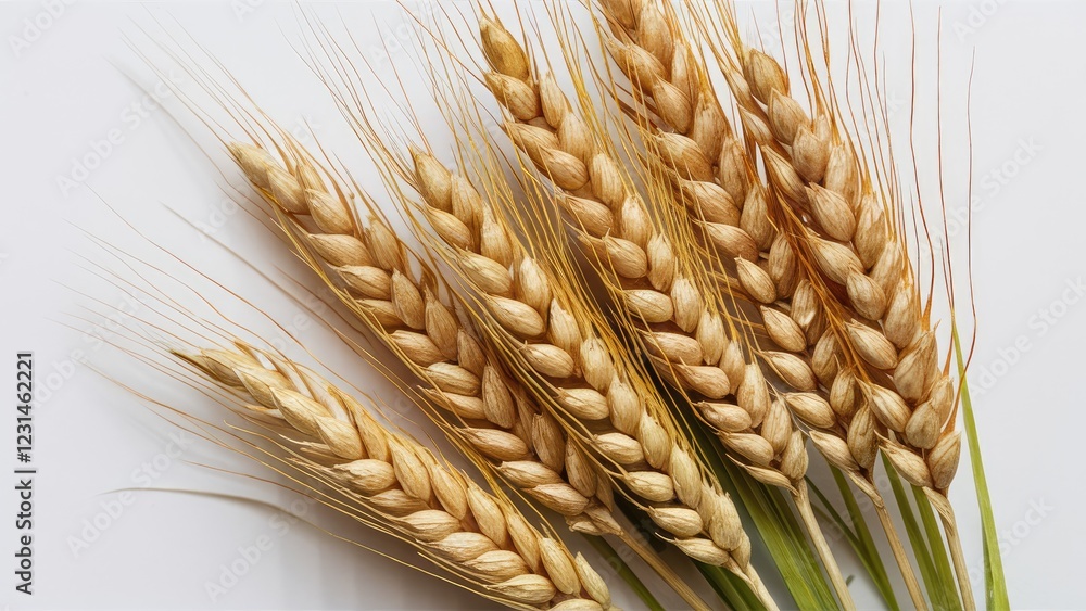 Poster golden wheat ears arranged harmoniously on a white background with intricate details, perfect for pa