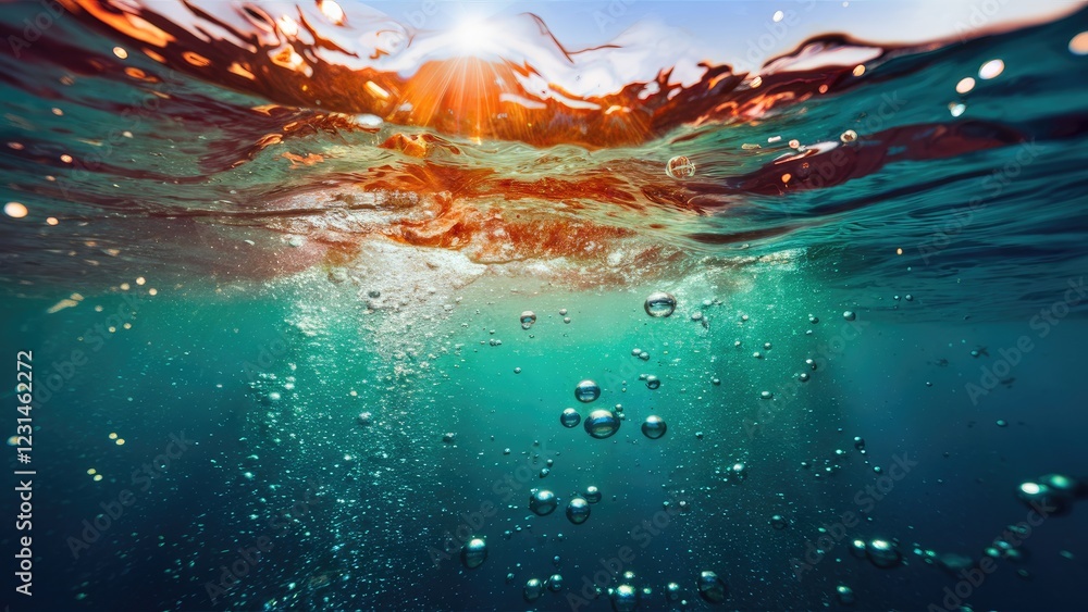 Aufkleber underwater scene with shimmering turquoise water and sunlight rays filtering from the surface creati