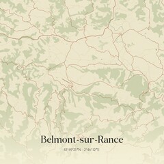 Retro map of Belmont-sur-Rance, Occitanie, France. Vintage street map.