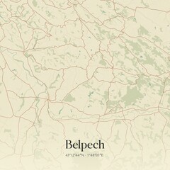 Retro map of Belpech, Occitanie, France. Vintage street map.