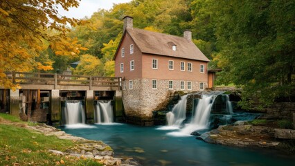 Fototapeta premium Scenic water mill surrounded by lush green trees and autumn foliage with waterfalls cascading into a serene blue river setting