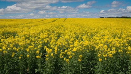 Fototapeta premium Lush yellow rapeseed field under a bright blue sky with fluffy clouds, featuring vibrant green stems throughout the foreground and horizon line.