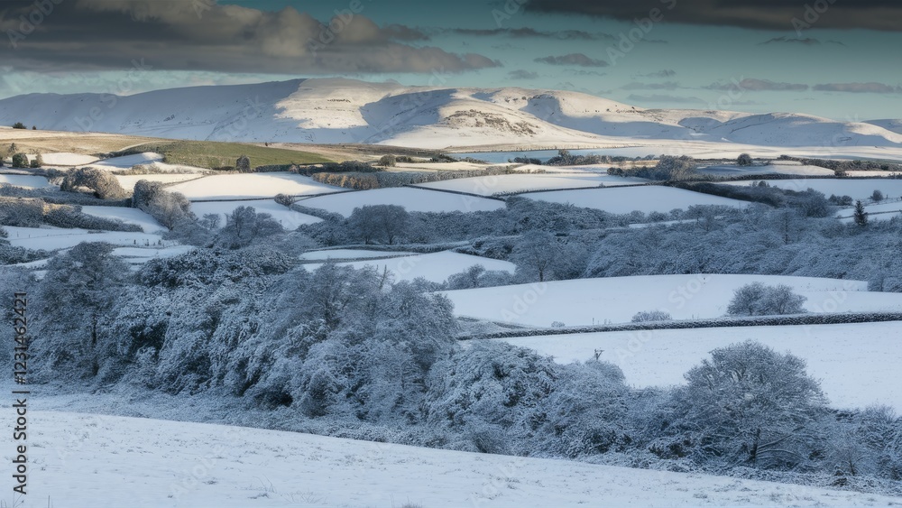 Aufkleber serene winter landscape showcasing rolling hills covered in fresh snow with frosted trees in the for