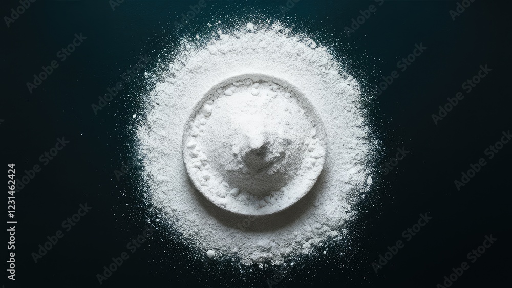 Poster white powder arranged in a circular mound on a dark background with contrasting textures and shadows
