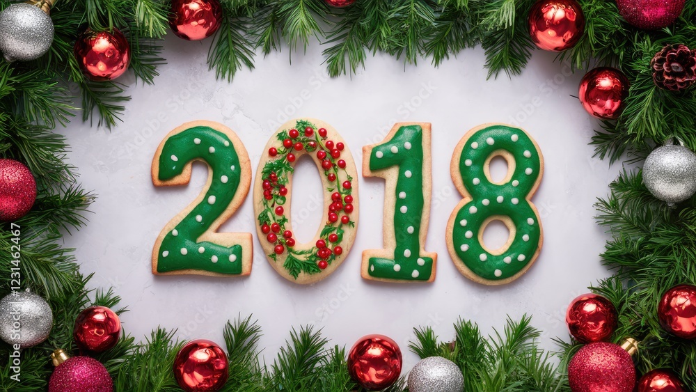 Aufkleber Festive Christmas cookies arranged in a circular frame with the numbers 2018 in green surrounded by red and silver ornaments and greenery.