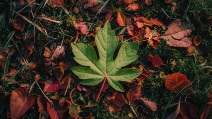 Lush green leaf prominently centered on a bed of vibrant red and orange autumn leaves against a dark forest floor background.