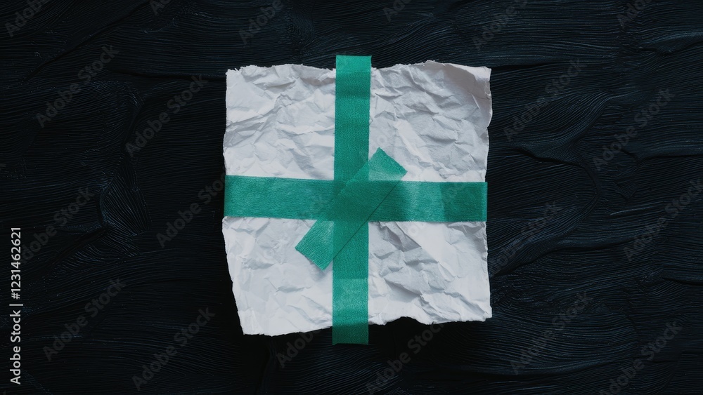 Poster crumpled white paper scrap with bright green tape creating an abstract cross design positioned centr