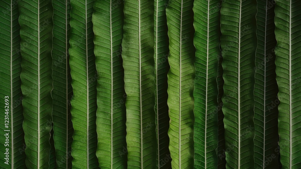 Poster Vertical arrangement of vibrant green leaves displaying rich textures and patterns with subtle light highlights enhancing the foliage depth.