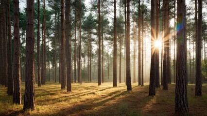 Sunlight streams through tall pine trees in a serene forest, casting long shadows on golden grass, creating a peaceful woodland ambiance.