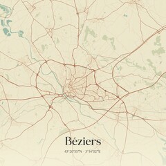 Obraz premium Retro map of B�ziers, Occitanie, France. Vintage street map.