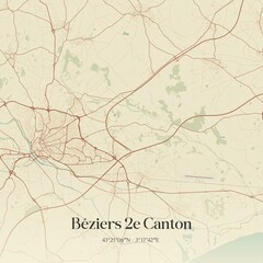 Fototapeta premium Retro map of B�ziers 2e Canton, Occitanie, France. Vintage street map.