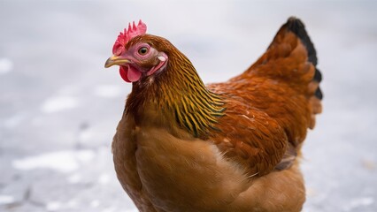 Fototapeta premium Vibrant young brown hen with red comb and yellow-greenish neck against a soft white background showcasing realistic farm life essence.
