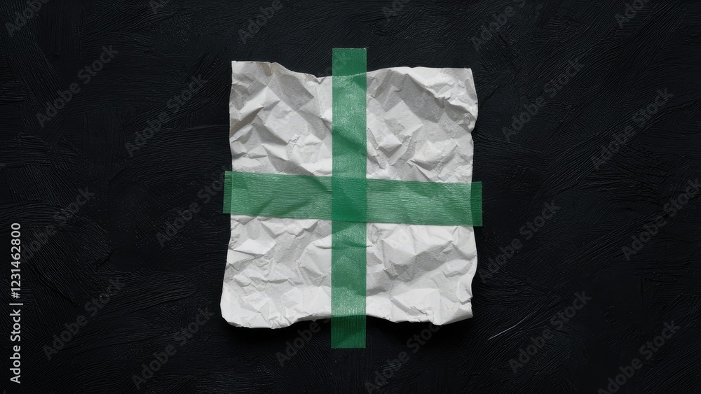 Leinwandbilder Crumpled white paper scrap with a green tape cross positioned centrally on a dark textured background viewed from above showcasing contrast in textures.