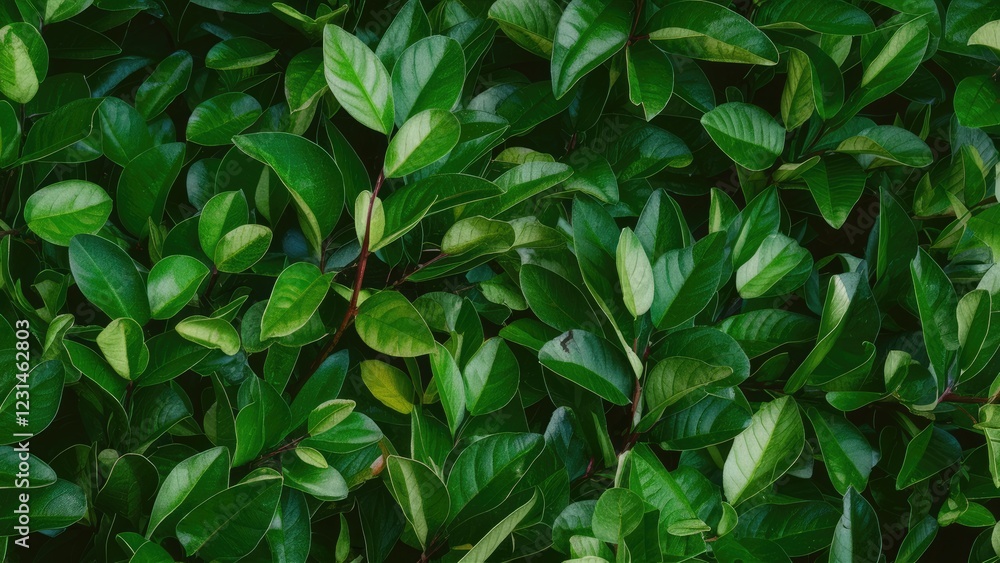 Poster Lush green leaf branches create a vibrant floral pattern background with various shades of green arranged in a top view layout for nature themes.