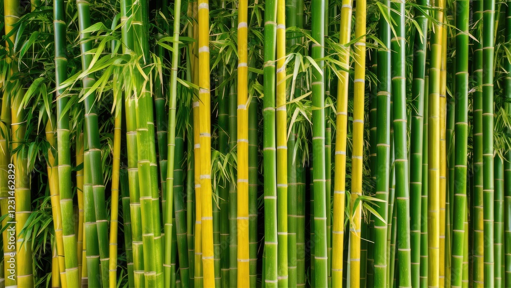 Poster Lush green bamboo forest featuring vibrant tall stalks in shades of green and yellow with intricate greenery creating a serene natural backdrop.