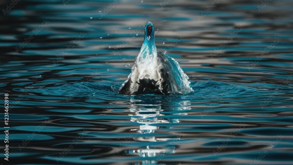 Aufkleber Glare reflection on calm water surface with splashes in shades of blue and dark hues centered in the image creating a serene aquatic atmosphere