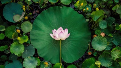 Vibrant top view of a serene garden showcasing a large green lotus leaf surrounded by smaller leaves and a pink lotus flower in the center.