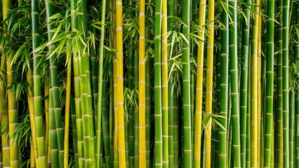 Obraz premium Lush green bamboo forest featuring vibrant tall stalks in shades of green and yellow with intricate greenery creating a serene natural backdrop.