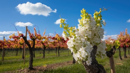 Fototapeta premium Vibrant vineyard with blooming white flowers in foreground vibrant green grass and colorful vines under a clear blue sky with fluffy clouds