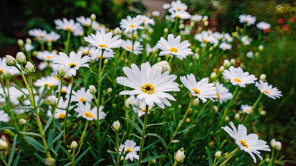 Fototapeta premium Bright white daisies in a lush green garden, densely clustered, with soft bokeh background, showcasing vibrant colors of nature's beauty.