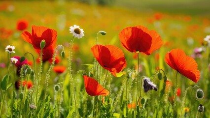 Obraz premium Vibrant spring wildflower meadow with bright red poppies and white daisies against lush green foliage under a clear blue sky