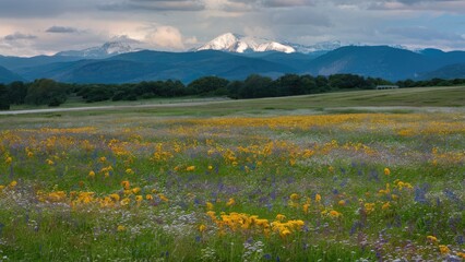 Obraz premium Vibrant wildflower meadow in June with yellow and purple blooms in foreground and majestic snow-capped mountains under cloudy sky in background.