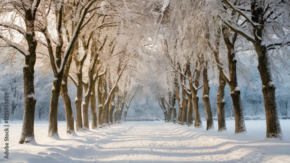 Aufkleber tranquil winter park scene with snow-covered trees lining a serene pathway under soft sunlight hues 