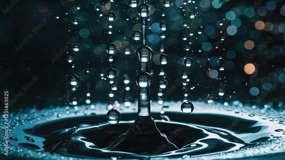 Leinwandbilder water droplets suspended in air creating a dynamic splash against a dark bokeh backdrop with blue an