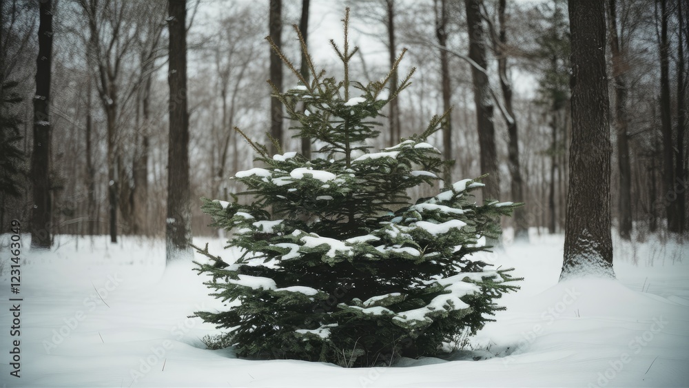Poster snow-covered christmas tree in a serene winter forest setting surrounded by tall trees, soft white s
