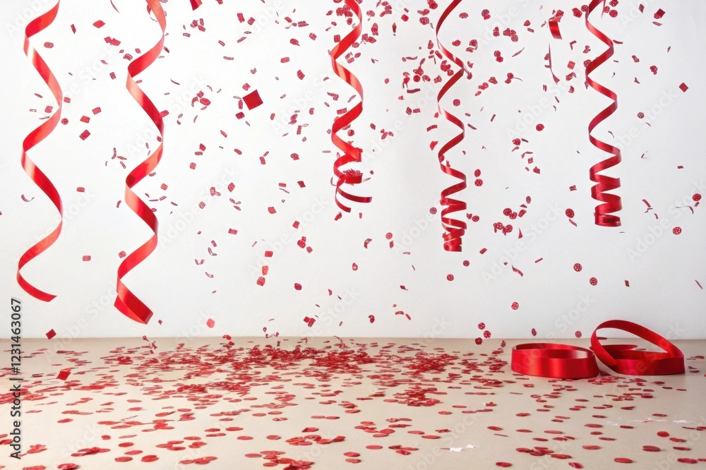 Poster the image features red ribbons and confetti scattered on a surface, creating a festive and celebrato