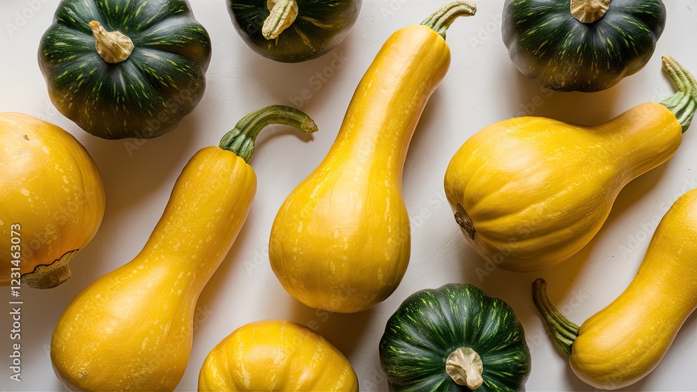 Poster swan neck and acorn squashes in various shades of yellow and green scattered across a light neutral 