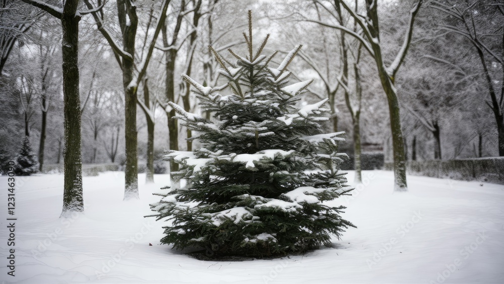 Aufkleber snow-covered christmas tree surrounded by bare trees in a wintery landscape with white snow blanketi