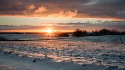 Fototapeta premium Winter sunset illuminating a snow-covered field with warm orange and pink hues on the horizon against cool blue and white snow textures.