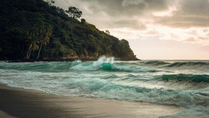 Coastal scene with crashing turquoise waves on sandy shore against lush green hills under cloudy sky, creating a serene tropical atmosphere.